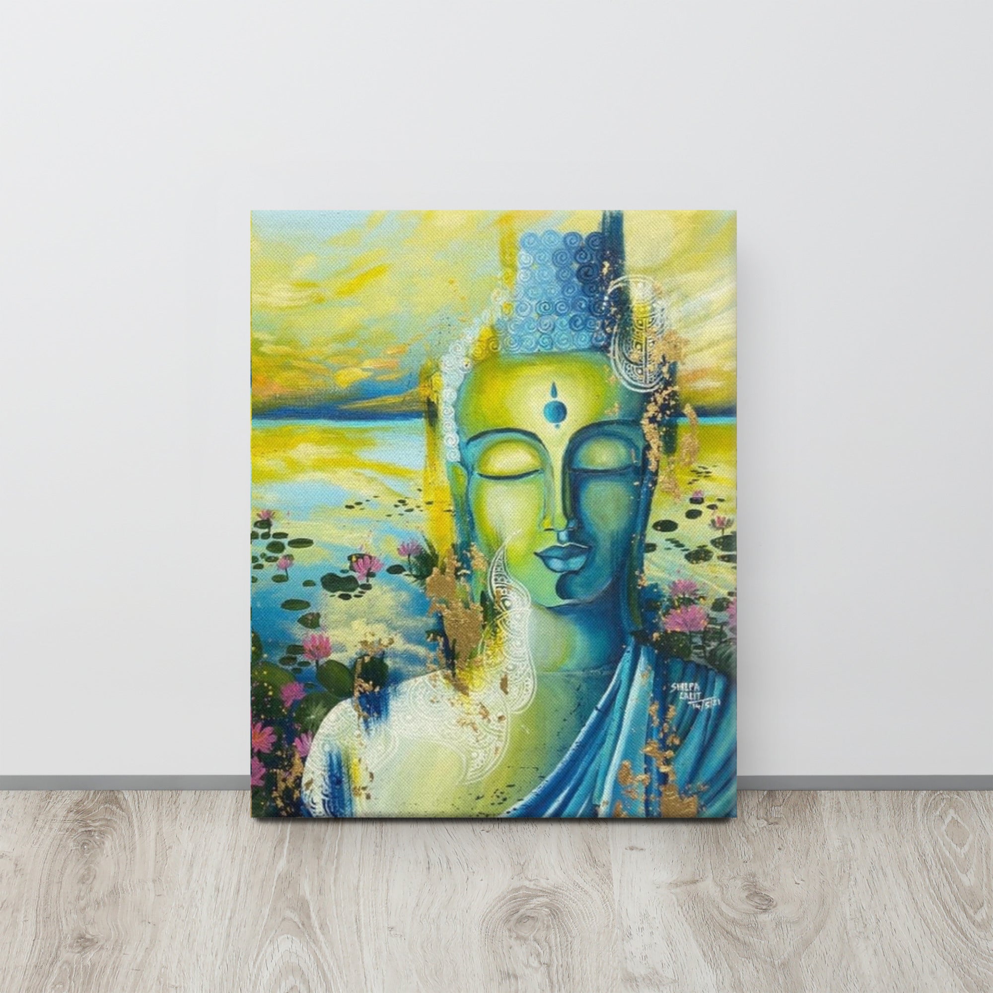 Canvas print :- Calm meditating Buddha around lotus pond