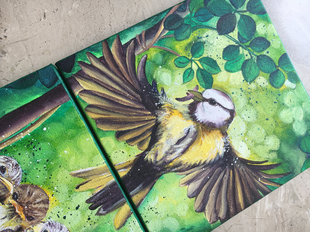Mother Bird &amp; Baby Birds – Acrylic Painting Tutorial on Two Canvases | Step-by-Step Online Workshop