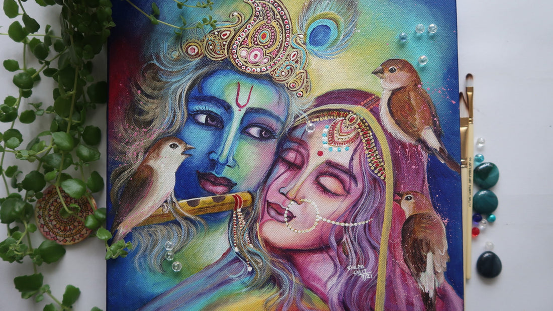 Capture the Divine Love of Radha Krishna with Birds: Step-by-Step Acrylic Painting Tutorial"