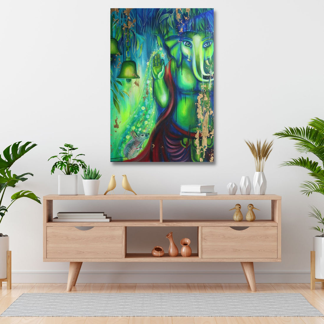 Divine Original Art: Lord Ganesha with Mooshak, His Beloved Mouse for Prosperity and Wisdom